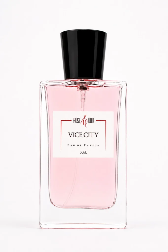Flacon Vice City 50 ml, eau de parfum mixte aux notes d’amande amère, jasmin d’Égypte, cèdre, ambre gris et notes boisées