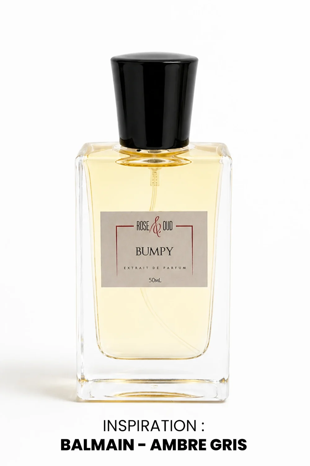 Flacon du parfum BUMPY de Rose and Oud, extrait de parfum 50 ml inspiré de Balmain Ambre Gris.