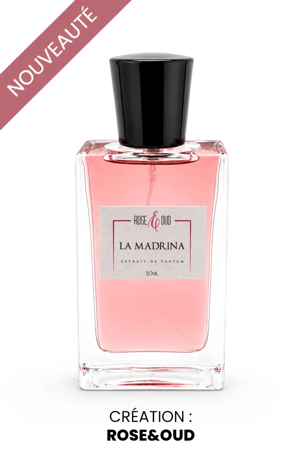 Flacon du parfum La Madrina Rose and Oud, extrait de parfum mixte 50 ml aux notes gourmandes, florales et élégantes