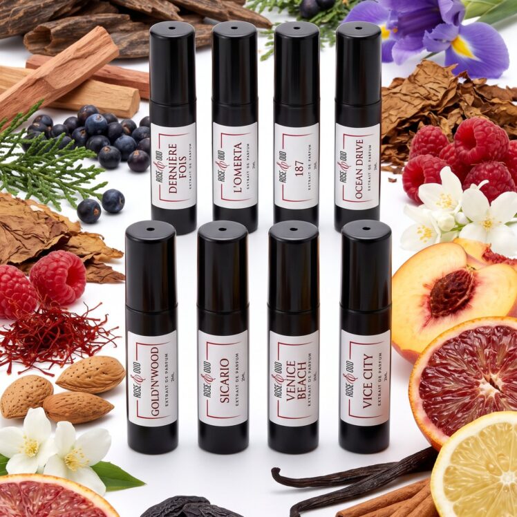 Coffret Découverte — Nos 8 meilleures ventes (8 × 2 ml) : échantillons 2 ml Rose&Oud entourés des ingrédients de leurs parfums, sur fond blanc