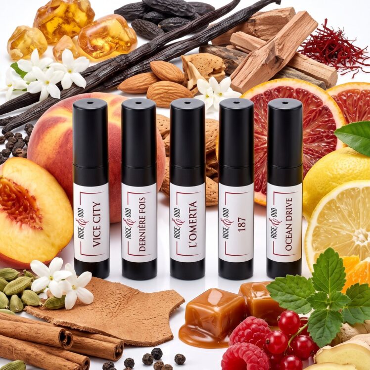 Coffret Découverte — Ambrés & Sensuels (5 × 2 ml) : échantillons 2 ml Rose&Oud entourés des ingrédients de leurs parfums, sur fond blanc