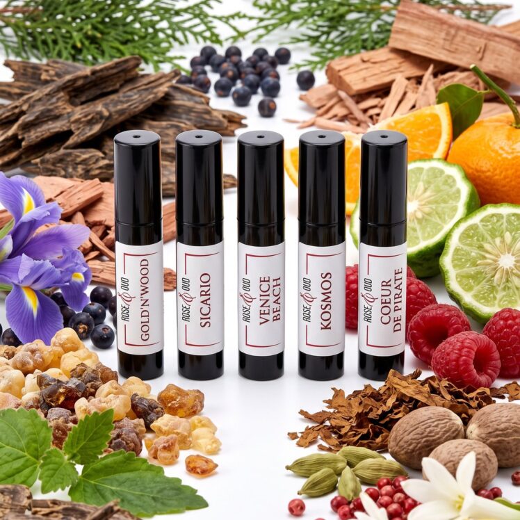 Coffret Découverte — Boisés & Caractère (5 × 2 ml) : échantillons 2 ml Rose&Oud entourés des ingrédients de leurs parfums, sur fond blanc