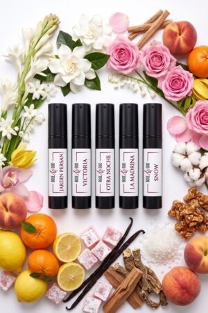 Coffret Floraux & Lumineux : 5 échantillons 2 ml Jardin Persan, Victoria, Otra Noche, La Madrina, Snow, entourés de leurs ingrédients