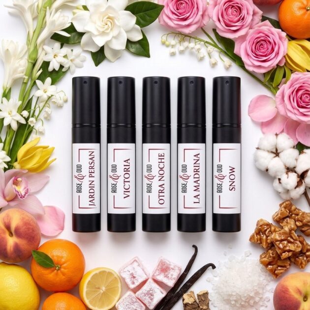 Coffret Floraux & Lumineux : 5 échantillons 2 ml Jardin Persan, Victoria, Otra Noche, La Madrina, Snow, entourés de leurs ingrédients
