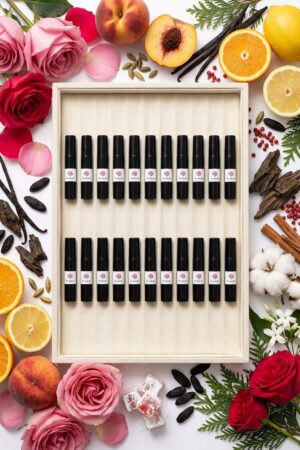 Coffret Intégral : 22 échantillons 2 ml Rose&Oud entourés des ingrédients de la collection