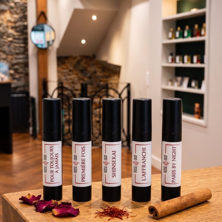 Cinq échantillons 2 ml Rose&Oud orientaux sur le comptoir de la boutique : Pour toujours à jamais, Première fois, Shinsekai, L’affranchi, Paris By Night