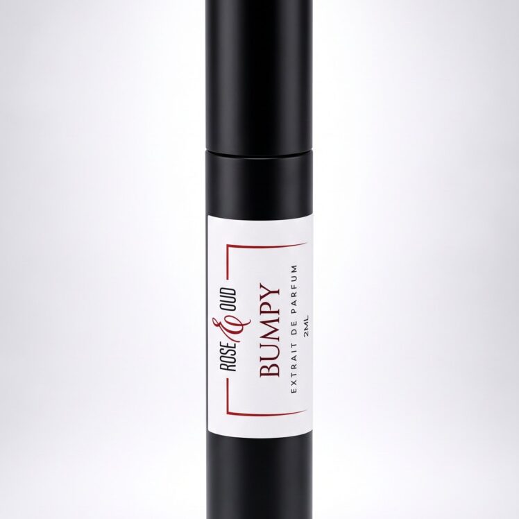 Échantillon 2 ml — Bumpy : flacon vaporisateur noir de 2 ml avec étiquette Rose&Oud, sur fond blanc