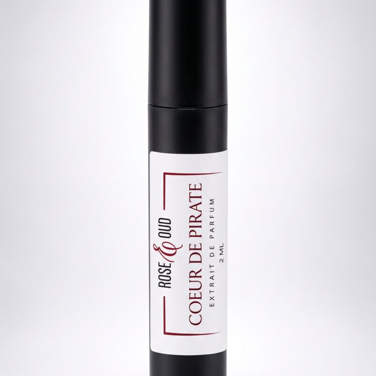 Échantillon 2 ml — Cœur de Pirate : flacon vaporisateur noir de 2 ml avec étiquette Rose&Oud, sur fond blanc