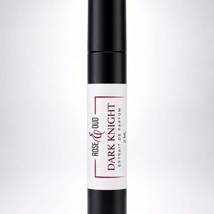 Échantillon 2 ml — Dark Knight : flacon vaporisateur noir de 2 ml avec étiquette Rose&Oud, sur fond blanc