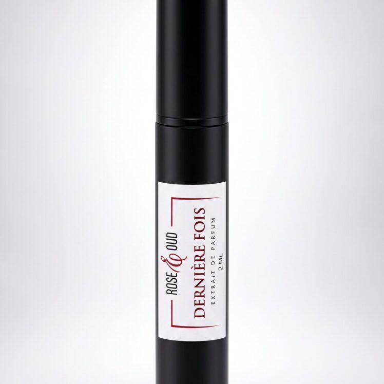 Échantillon 2 ml — Dernière Fois : flacon vaporisateur noir de 2 ml avec étiquette Rose&Oud, sur fond blanc
