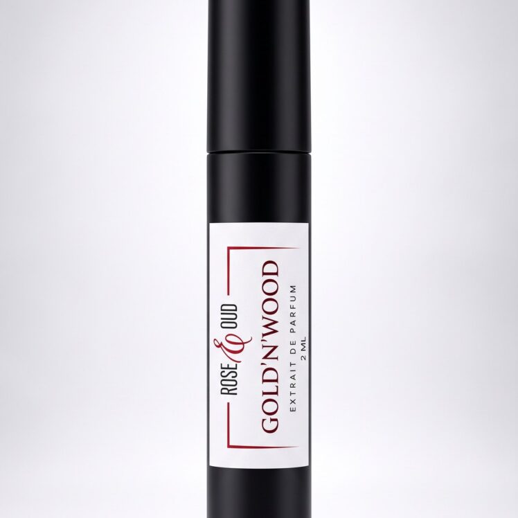 Échantillon 2 ml — Gold’N’Wood : flacon vaporisateur noir de 2 ml avec étiquette Rose&Oud, sur fond blanc
