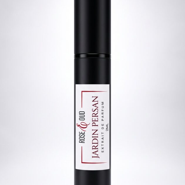 Échantillon 2 ml — Jardin Persan : flacon vaporisateur noir de 2 ml avec étiquette Rose&Oud, sur fond blanc