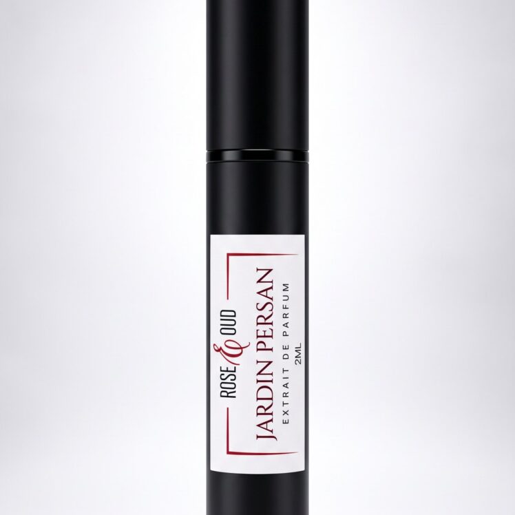 Échantillon 2 ml — Jardin Persan : flacon vaporisateur noir de 2 ml avec étiquette Rose&Oud, sur fond blanc