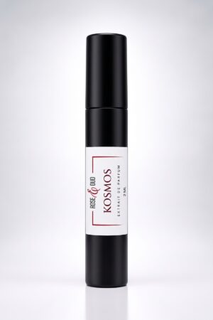 Échantillon 2 ml — Kosmos : flacon vaporisateur noir de 2 ml avec étiquette Rose&Oud, sur fond blanc