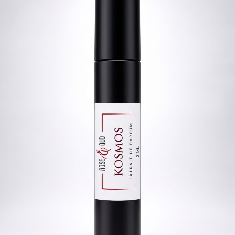Échantillon 2 ml — Kosmos : flacon vaporisateur noir de 2 ml avec étiquette Rose&Oud, sur fond blanc