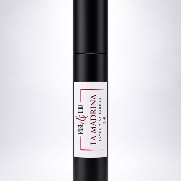 Échantillon 2 ml — La Madrina : flacon vaporisateur noir de 2 ml avec étiquette Rose&Oud, sur fond blanc
