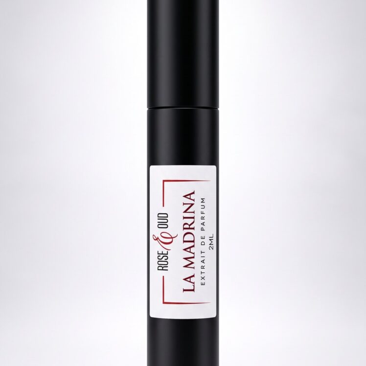 Échantillon 2 ml — La Madrina : flacon vaporisateur noir de 2 ml avec étiquette Rose&Oud, sur fond blanc