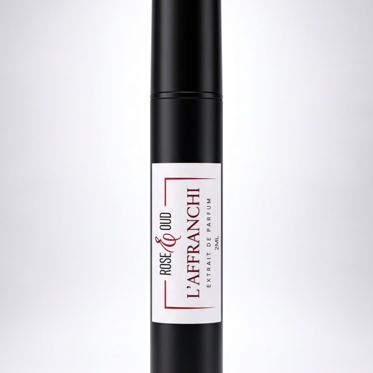 Échantillon 2 ml — L’affranchi : flacon vaporisateur noir de 2 ml avec étiquette Rose&Oud, sur fond blanc