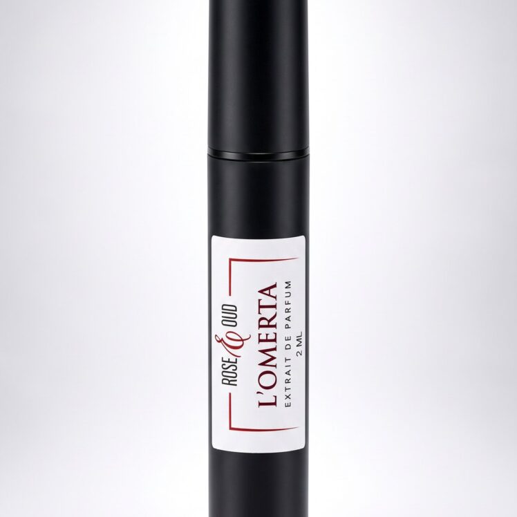 Échantillon 2 ml — L’Omerta : flacon vaporisateur noir de 2 ml avec étiquette Rose&Oud, sur fond blanc
