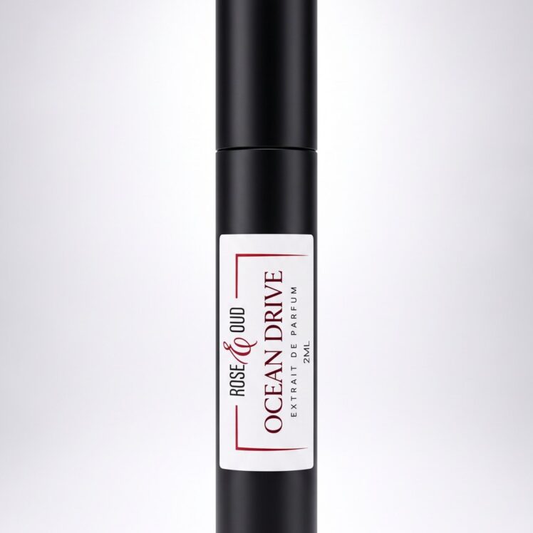 Échantillon 2 ml — Ocean Drive : flacon vaporisateur noir de 2 ml avec étiquette Rose&Oud, sur fond blanc