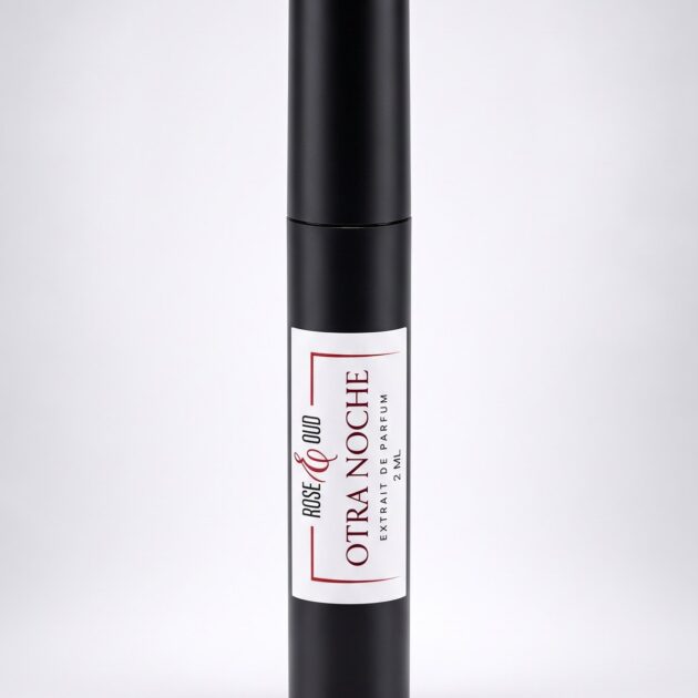 Échantillon 2 ml — Otra Noche : flacon vaporisateur noir de 2 ml avec étiquette Rose&Oud, sur fond blanc