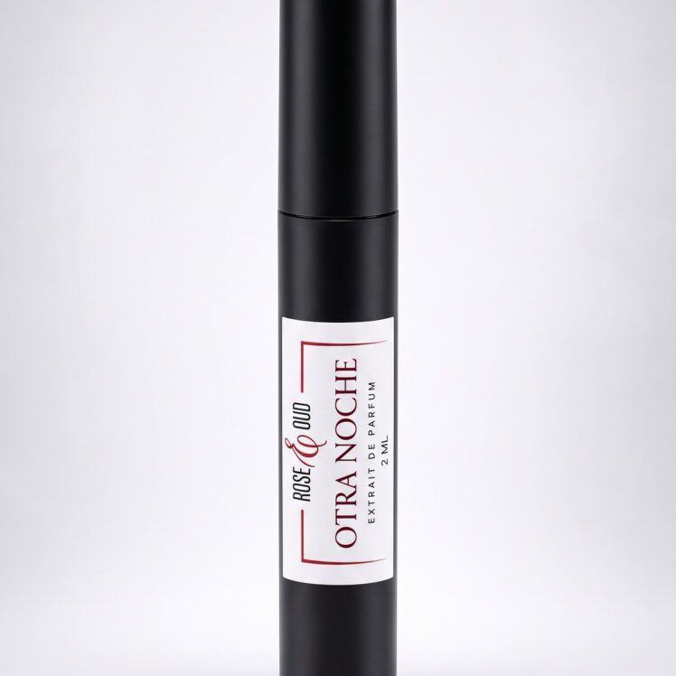 Échantillon 2 ml — Otra Noche : flacon vaporisateur noir de 2 ml avec étiquette Rose&Oud, sur fond blanc