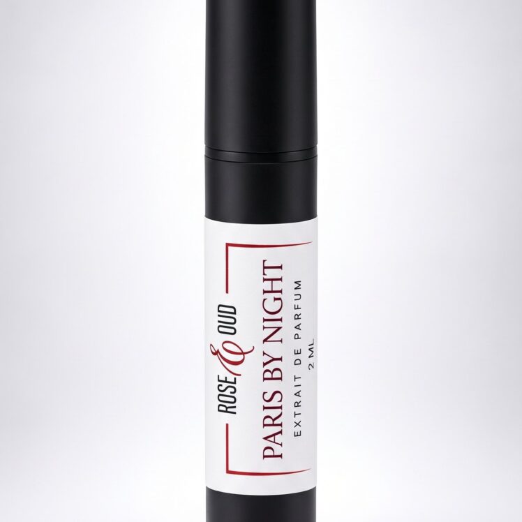 Échantillon 2 ml — Paris By Night : flacon vaporisateur noir de 2 ml avec étiquette Rose&Oud, sur fond blanc
