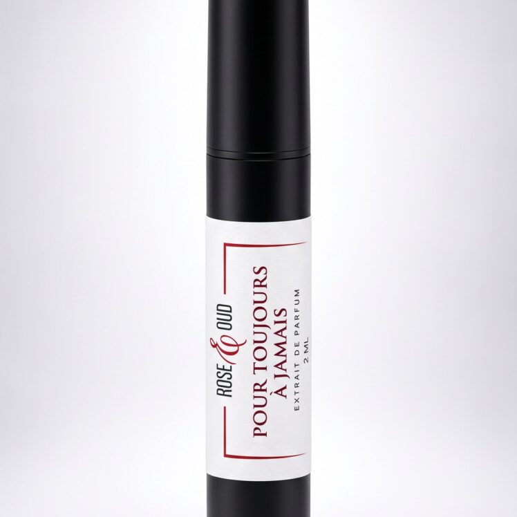 Échantillon 2 ml — Pour toujours à jamais : flacon vaporisateur noir de 2 ml avec étiquette Rose&Oud, sur fond blanc