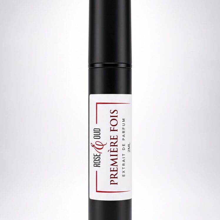 Échantillon 2 ml — Première fois : flacon vaporisateur noir de 2 ml avec étiquette Rose&Oud, sur fond blanc