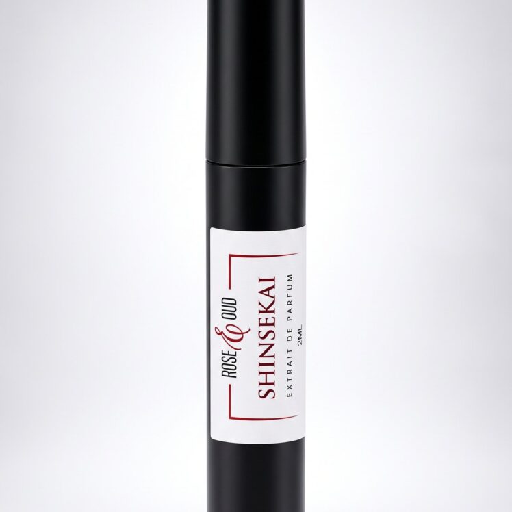 Échantillon 2 ml — Shinsekai : flacon vaporisateur noir de 2 ml avec étiquette Rose&Oud, sur fond blanc