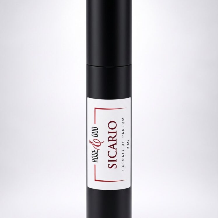 Échantillon 2 ml — Sicario : flacon vaporisateur noir de 2 ml avec étiquette Rose&Oud, sur fond blanc