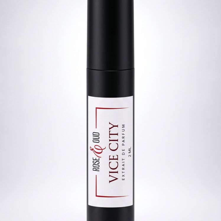 Échantillon 2 ml — Vice City : flacon vaporisateur noir de 2 ml avec étiquette Rose&Oud, sur fond blanc