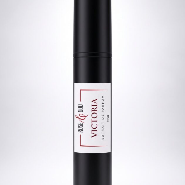 Échantillon 2 ml — Victoria : flacon vaporisateur noir de 2 ml avec étiquette Rose&Oud, sur fond blanc