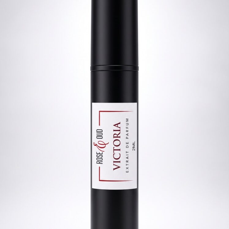 Échantillon 2 ml — Victoria : flacon vaporisateur noir de 2 ml avec étiquette Rose&Oud, sur fond blanc